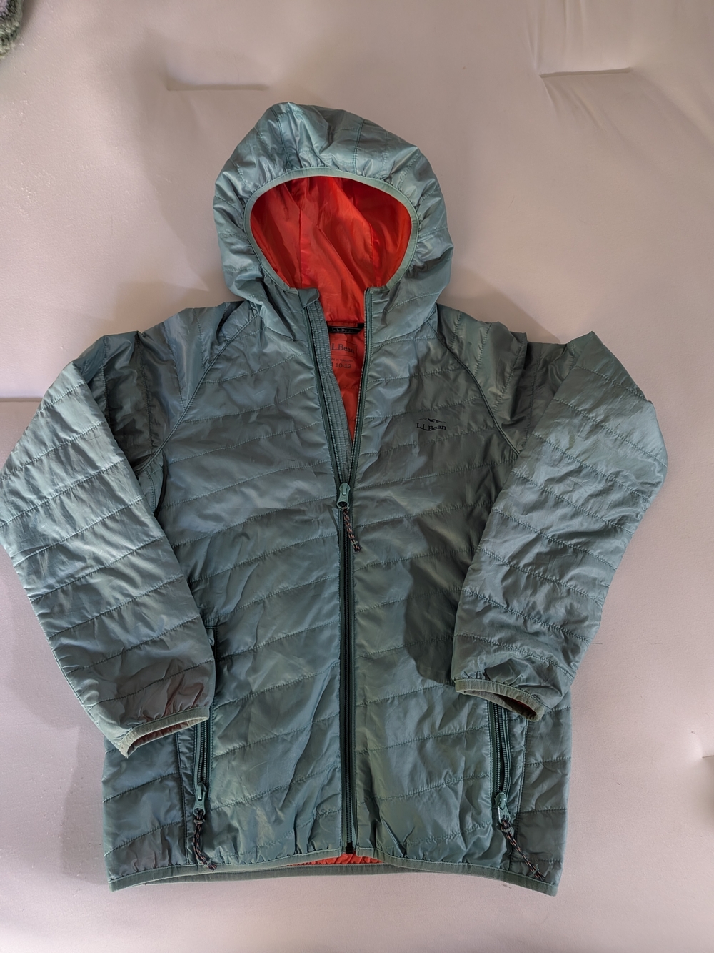 L.L. Bean Teal Hooded Puffer Jacket with Orange Lining